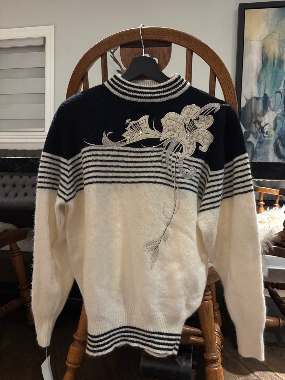 Men's Black and Cream Striped Crewneck Sweater with Floral Appliqué